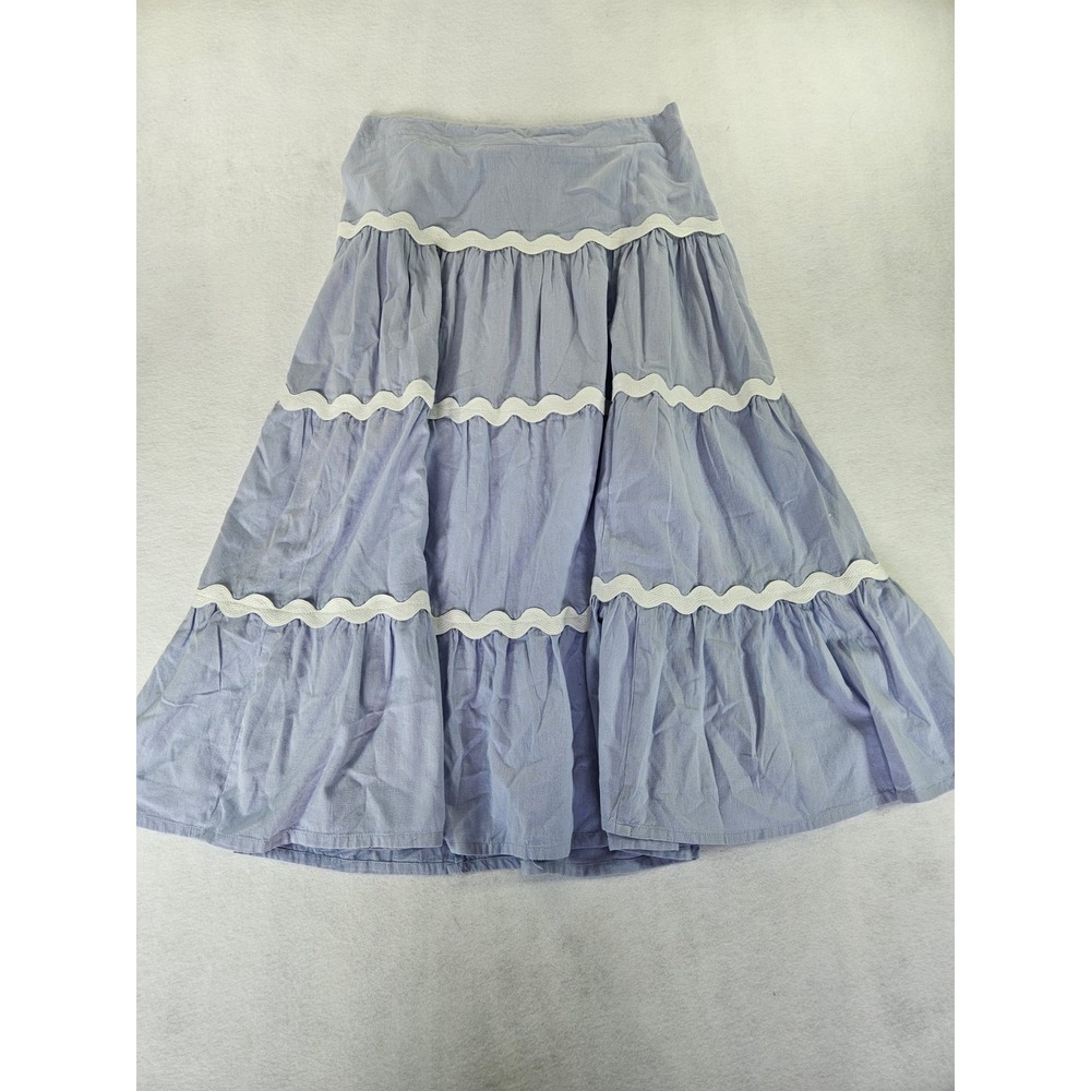 Vintage Blue Tiered Cotton Maxi Peasant Skirt with White Rickrack Trim Cottage
